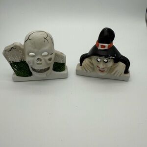 Lot of 2 Vintage Halloween Ceramic Candle Holder Skull Skeleton Tombstone Witch